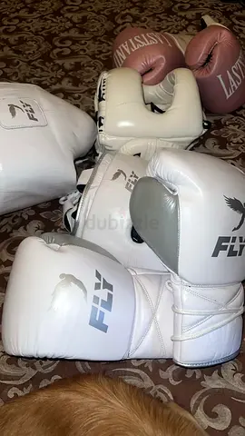 Used boxing gloves and headgear set - white & pink