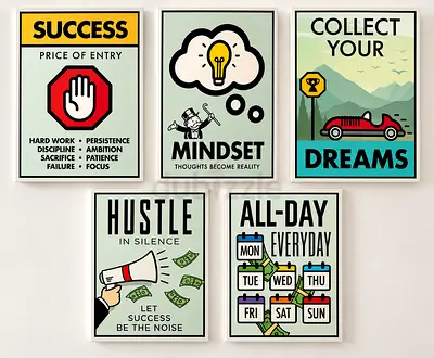 Set of 5 Motivational Wall Art Prints - Success, Mindset, Dreams, Hustle, All-Day