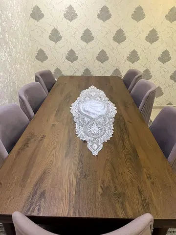 Solid Wood Dining Table with 8 Upholstered Chairs - Good Condition