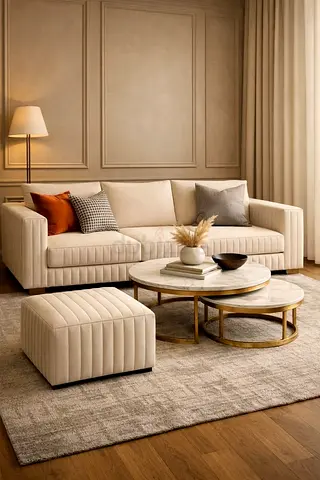 Modern Cream Fabric Sofa and Matching Ottoman