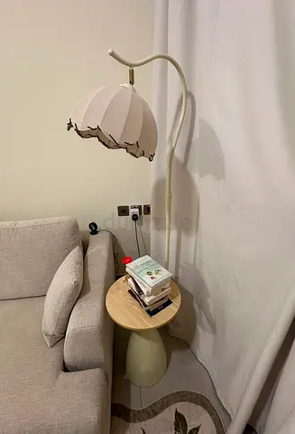 Beige Curved Floor Lamp with Side Table — Good Condition