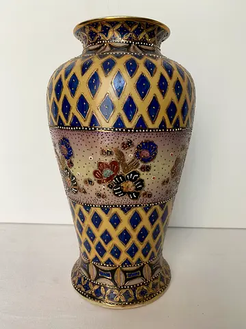 Hand-painted Decorative Ceramic Vase with Blue Lattice and Floral Motifs, size 19x32 cm