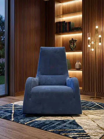 Ligne Roset Modern Blue Velvet Accent Armchair — Comfortable Single Lounge Chair