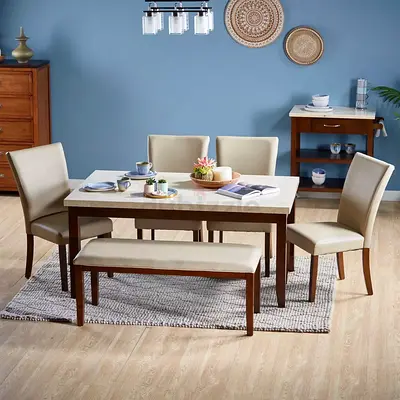 Wooden 5-Piece Dining Set with Bench and Marble Top Table - Good Condition