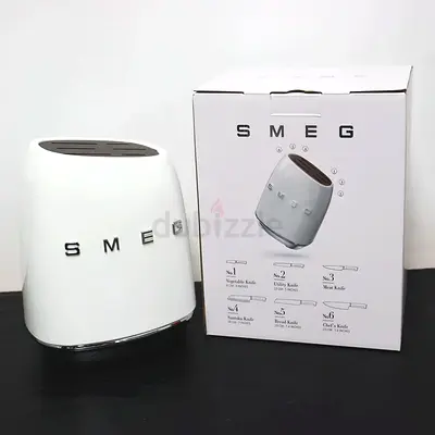 SMEG 7-Piece Knife Block Set German Stainless Steel, 6 Knives & Acacia Wood Block, Black/White