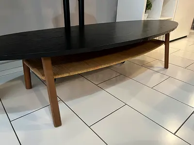 Solid Wood Oval Coffee Table with Woven Lower Shelf