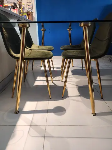 Glass Top Dining Table with 4 Velvet Green Chairs - Gold Legs