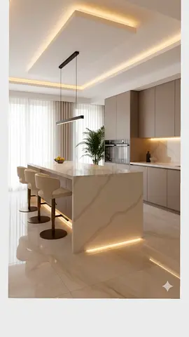 Modern kitchen island with bar stools and LED lighting