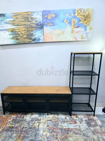 Industrial TV Unit and Matching Open Shelf - Wood & Black Metal