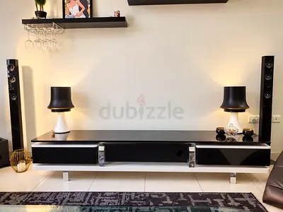 Low modern TV cabinet/entertainment unit in black & white