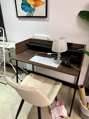 Compact Wooden Writing Desk with Chair and Lamp - Good Condition