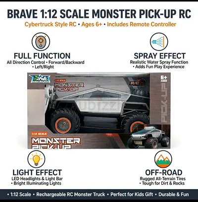 Brave 1:12 Scale Monster Pick-Up RC Truck — Cybertruck Style, Full Function