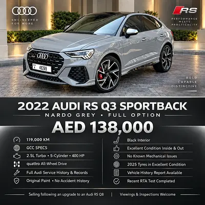 2022 Audi RSQ3 Sportback 2.5L 400HP, GCC, Full Option, Nardo Grey, Original Paint, Perfect Condition