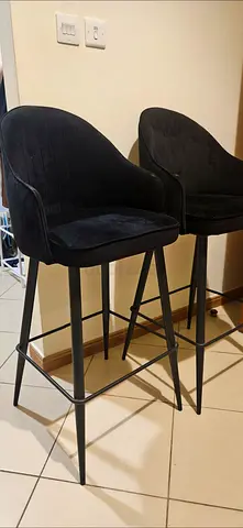 Pair of Black Velvet Bar Stools with Backrest - Good Condition