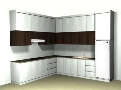 L-shaped Modern Kitchen Cabinet Set - White with Dark Wood Accents  Custom Made