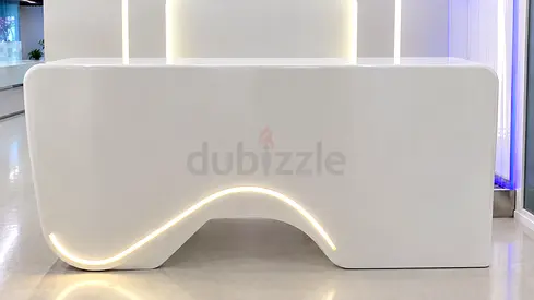 Modern High-Gloss White Reception Desk with LED Curved Accent