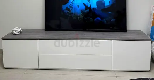 Low-profile modern TV cabinet with storage (white and grey)