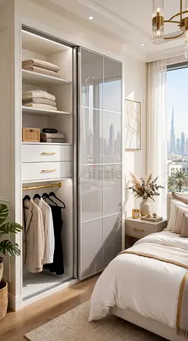 Elegant Gloss Sliding Wardrobe with Built-in Drawers and Hanging Space