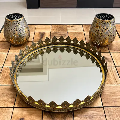 Marina Home Ornate Mirrored Tray & 2 Decorative Lanterns – Set of 3