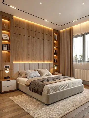 Modern upholstered king bed with nightstands and built-in wooden headboard