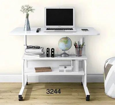 White Adjustable Mobile Study Table with Shelves - Compact