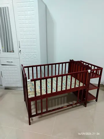 Wooden Baby Crib with Attached Changing Shelves - Good Condition