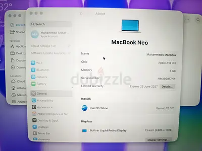 MacBook Neo (13-inch) 💻🔥 🔹 Chip: Apple A18 Pro 🔹 RAM: 8GB 🔹 Storage: 512GB SSD 🔹 Battery: 100%