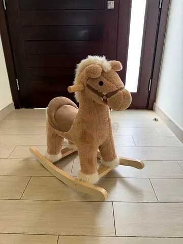 Plush Wooden Rocking Horse Toy - Light Brown, Good Condition