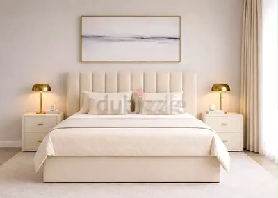 Queen size upholstered bed with headboard and storage - beige