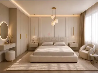 Minimal Beige Upholstered Platform Bed with Headboard and wardrobe and dressing