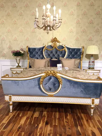 Elegant King Size Velvet Bed with Gold Trim - Classic Design with consoles and dresser