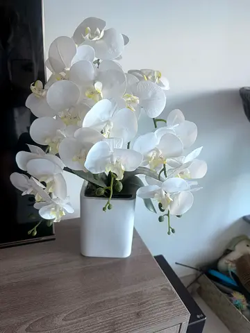 White Artificial Orchid Plant in Pot - Decorative Faux Flower
