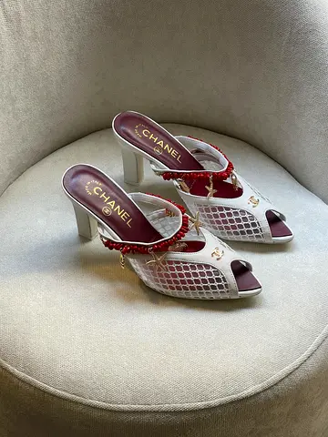 White Chanel Mesh Peep-Toe Heels with Red Trim - Size Unspecified