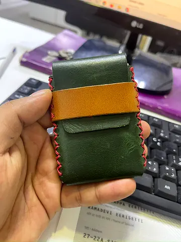 Handmade Leather Card Holder / Small Wallet - Green with Tan Strap