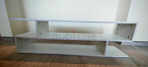 Low white modern TV/entertainment stand - 2-tier open shelving
