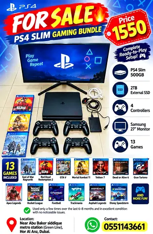 PS4 Slim 500GB +2TB External SSD with 4 Controllers, Samsung Monitor and 13 Games - Ready to Play