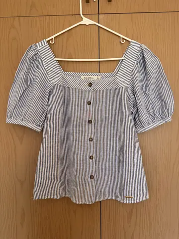 Pedro del Hierro blue and white striped button-front blouse, puff sleeves - size XS