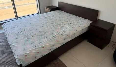 Queen bed frame with two matching nightstands - dark brown,and dressing drawers -good condition