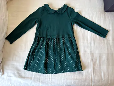 Dark green long-sleeve girls dress with peter pan collar, size 104 or age 3-4