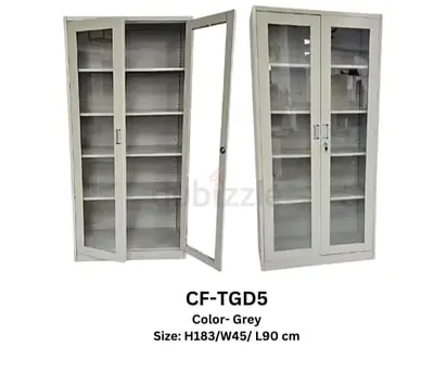 Grey Metal Glass Door Storage Cabinet - 5 Shelf (H183 x W90 x D45 cm)