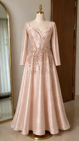 Elegant Blush Pink Embellished Long-Sleeve Evening Dress – Excellent Condition
