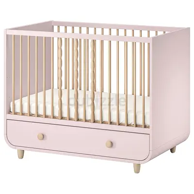 Convertible IKEA MYRRLA Baby Crib with Drawer – Light Pink, LENAST mattress included