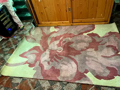 Modern Large Floral Leaf Area Rug – Sage Green & Mauve / Burgundy