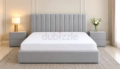 Elegant New Luxury King Size Upholstered Padded headboard and mattress Gray colour Nightstand