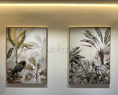 Pair of Framed Tropical Heron Wall Paintings - Neutral Tones