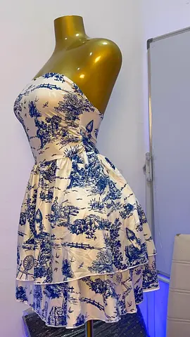 White and Blue Strapless Tiered Summer Dress (Fits S/M)