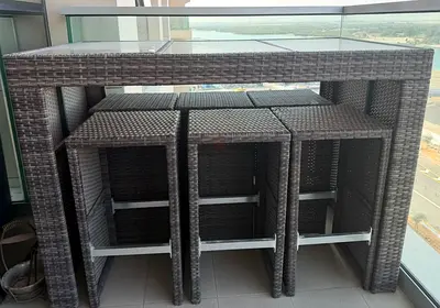 Outdoor rattan bar table with glass and 3 matching stools - compact set