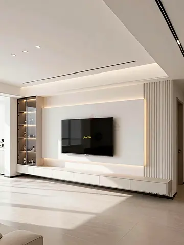 Modern wall-mounted TV entertainment unit with built-in cabinets and display shelves