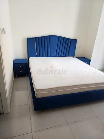 Blue Velvet Queen Bed Frame with Matching Nightstands