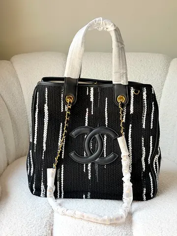 Black & White Chanel-style Tote Bag with Chain Straps